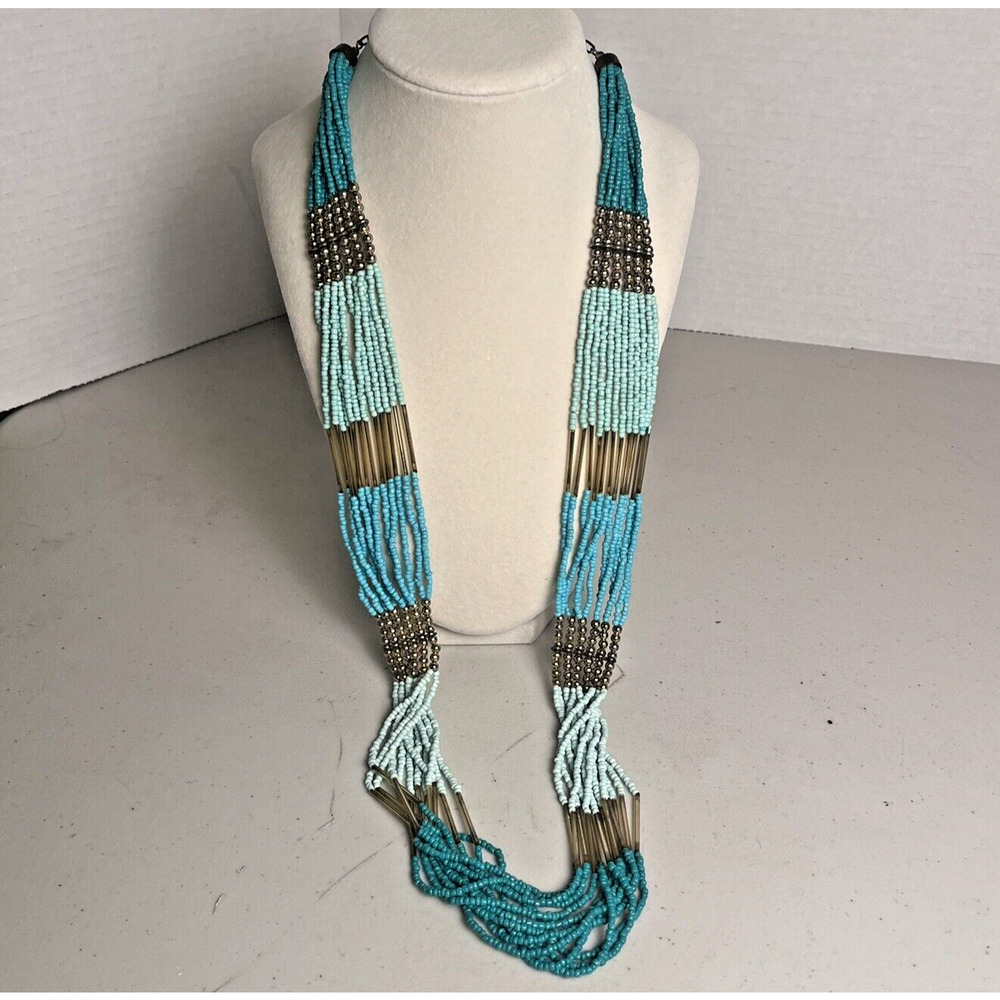 Vintage Beaded Statement Necklace 33" Turquoise Southwest 12 Strand Seed Beads